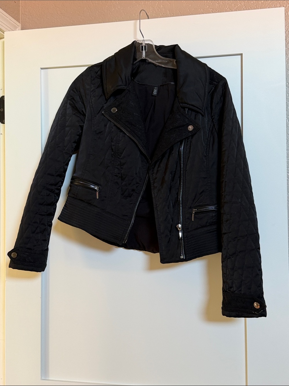 White House Black Market Black Quilted Moto Jacket with removable fur collar